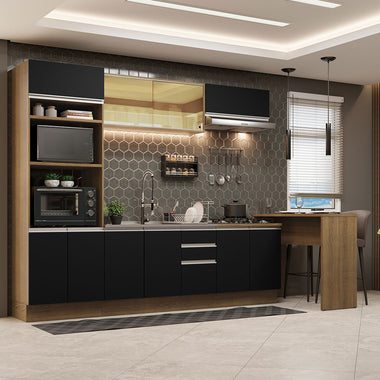 Kit de Cocina 315 cm y Bajo Mesada 10 Puertas 3 Cajones Sin Mesada Marrón/Negro Glamy Madesa