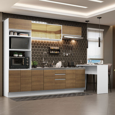 Kit de Cocina 315 cm y Bajo Mesada 10 Puertas 3 Cajones Sin Mesada Blanco/Marrón Glamy Madesa