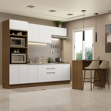Kit de Cocina 385 cm y Bajo Mesada 10 Puertas 3 Cajones Sin Mesada Marrón/Blanco Glamy Madesa
