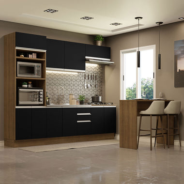 Kit de Cocina 385 cm y Bajo Mesada 10 Puertas 3 Cajones Sin Mesada Marrón/Negro Glamy Madesa