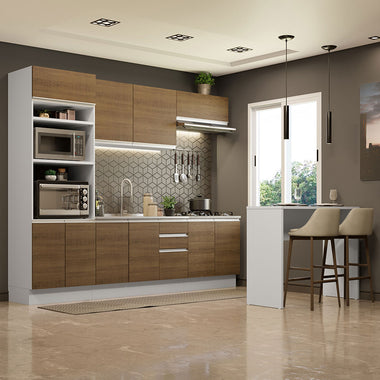 Kit de Cocina 385 cm y Bajo Mesada 10 Puertas 3 Cajones Sin Mesada Blanco/Marrón Glamy Madesa