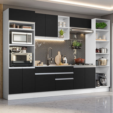 Combo completo de Cocina 330 cm 9 Puertas 2 Cajones Sin Mesada Blanco/Negro Glamy Madesa