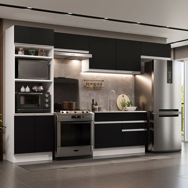 Combo completo de Cocina 350 cm 8 Puertas 2 Cajones Sin Mesada Blanco/Negro Glamy Madesa