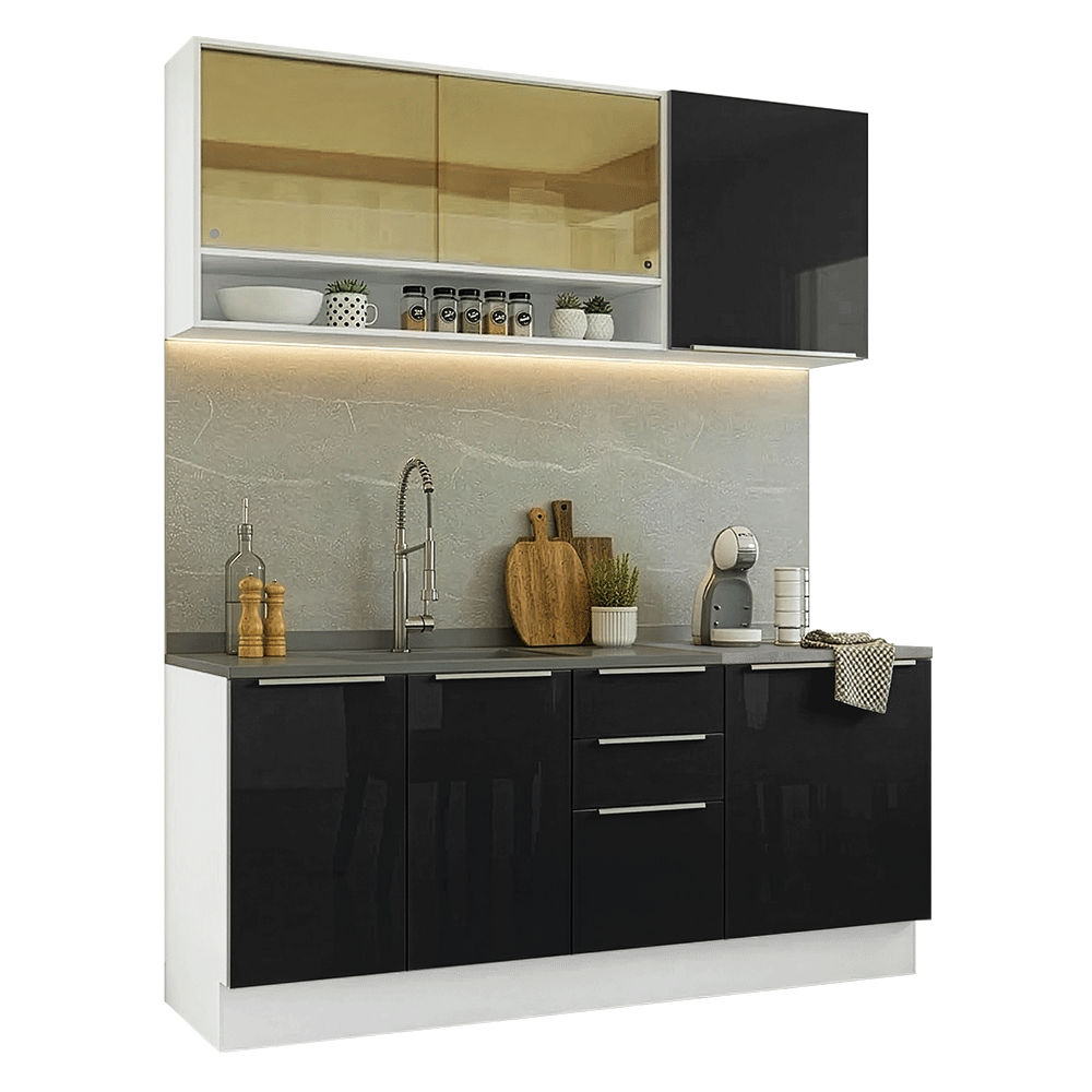 Cocina Compacta 180 x 60 cm Blanco/Negro Lux Madesa 05
