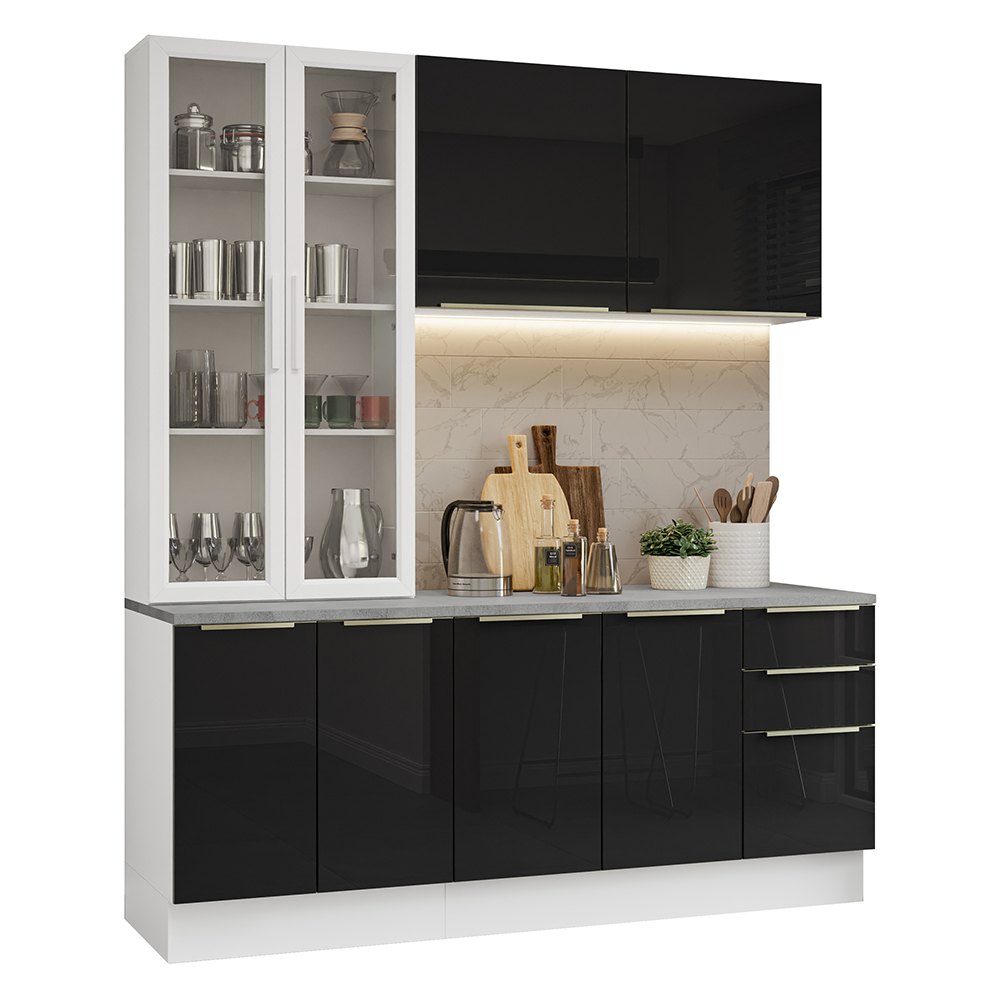 Cocina Compacta 190 cm con Cristalero 8 Puertas 3 Cajones Blanco/Negro Lux Madesa