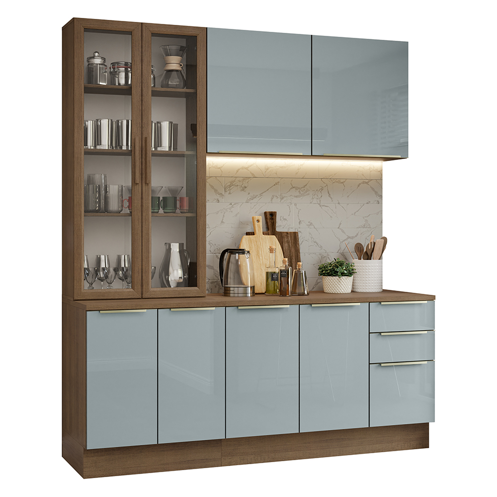 Cocina Compacta 190 cm con Cristalero 8 Puertas 3 Cajones Marrón/Gris Lux Madesa