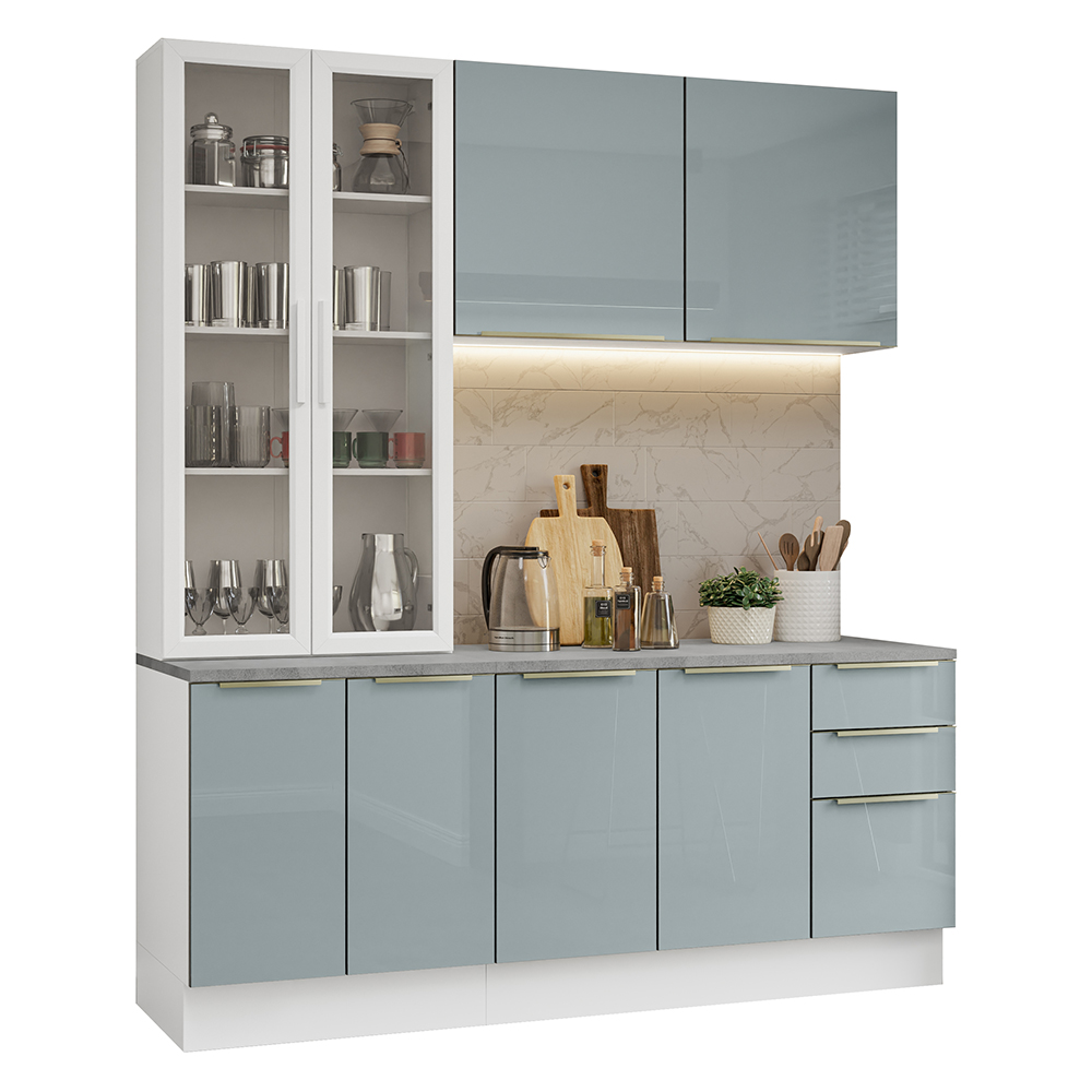 Cocina Compacta 190 cm con Cristalero 8 Puertas 3 Cajones Blanco/Gris Lux Madesa
