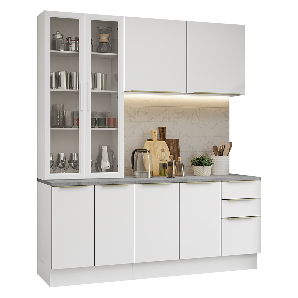 Cocina Compacta 190 cm con Cristalero 8 Puertas 3 Cajones Blanco Lux Madesa