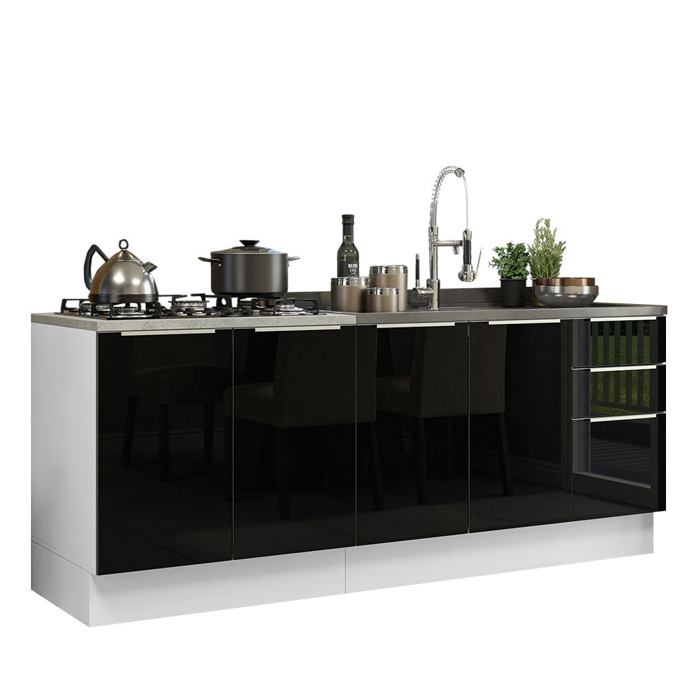 Combo con 2 Bajos Mesadas de Cocina 4 Puetas 3 Cajones 200 x 60 cm (Sin Mesada y Bacha) Blanco/Negro Lux Madesa