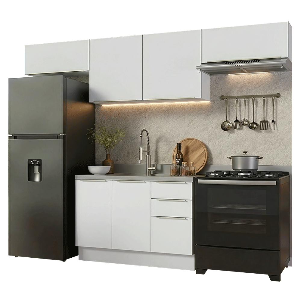 Combo completo de Cocina 280 x 60 cm Blanco/Blanco Aterciopelado Lux Madesa 02