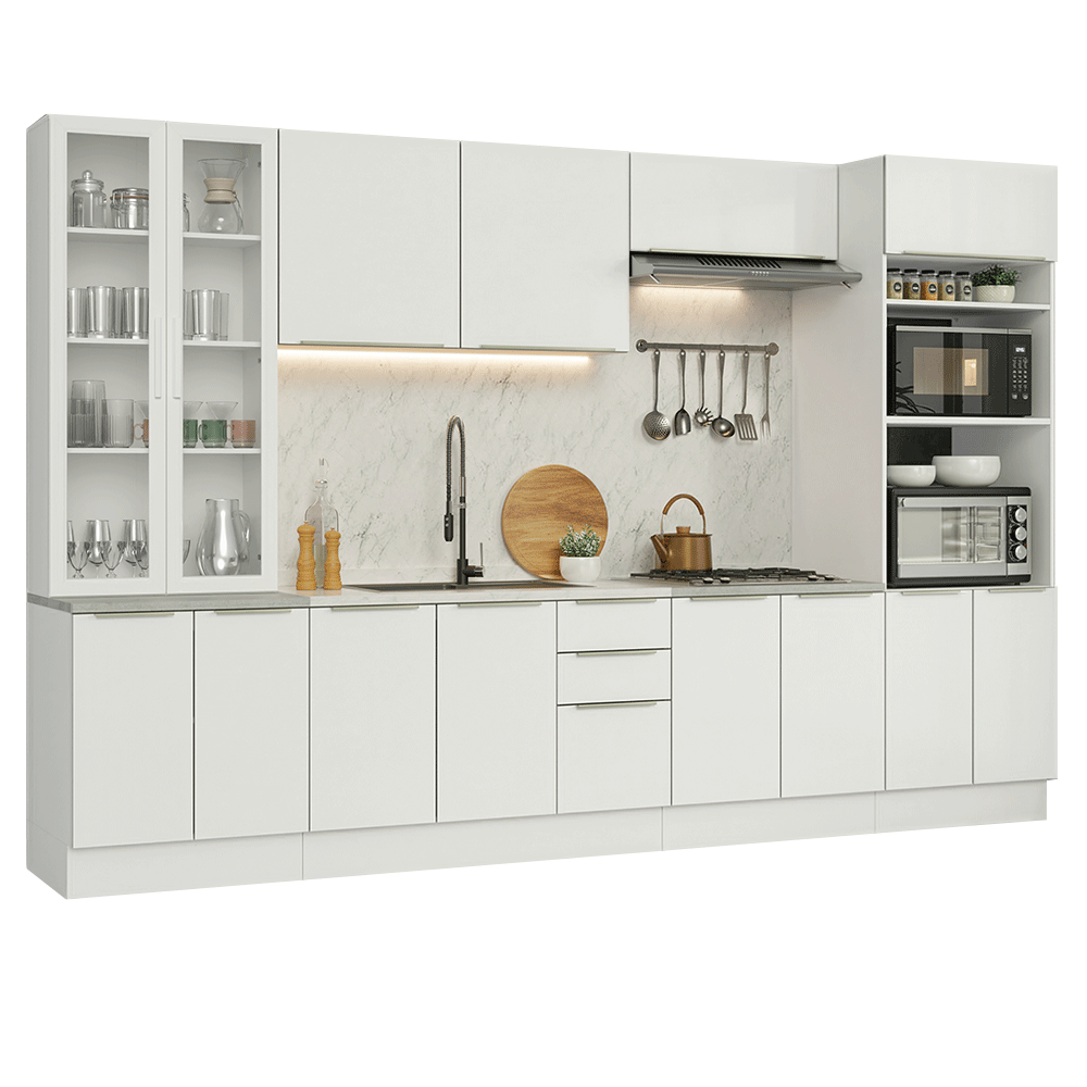 Combo completo de Cocina 340 x 60 cm Blanco/Blanco Aterciopelado Lux Madesa 04