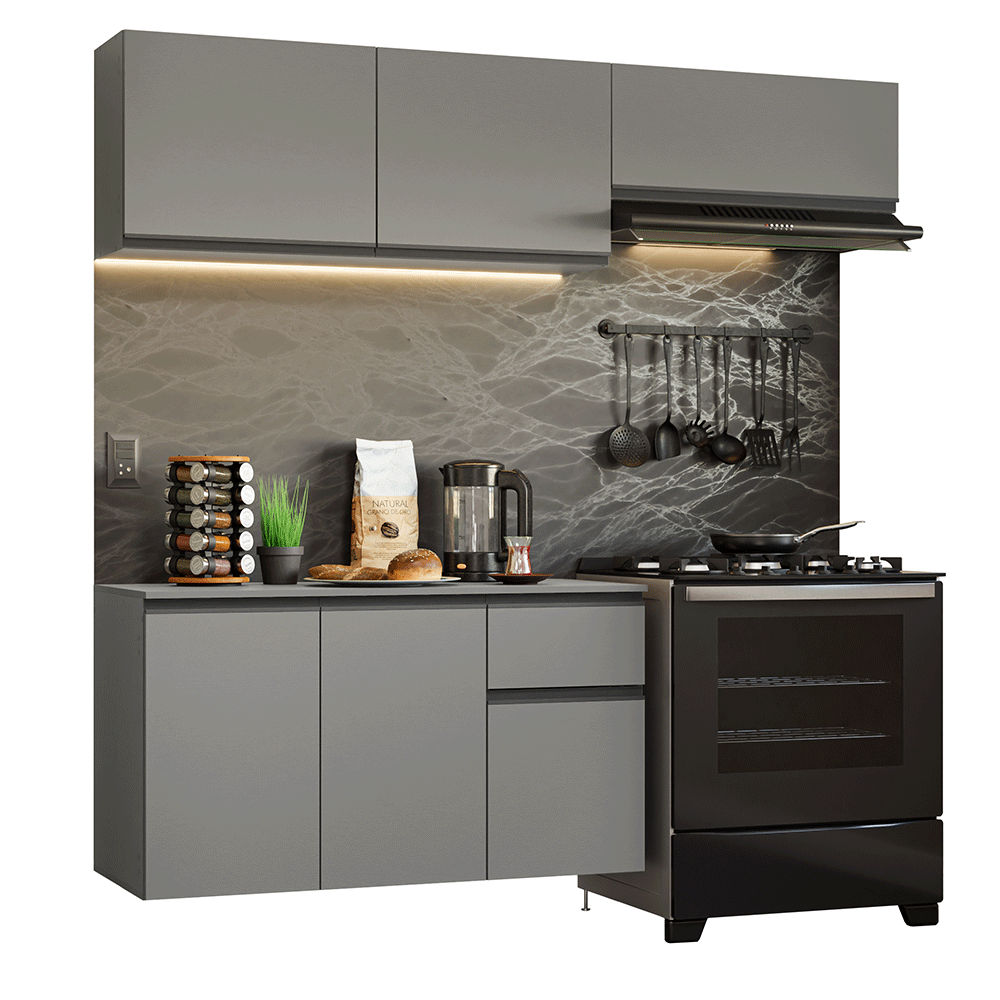 Combo completo de Cocina Flotante Nice 200 cm 5 Puertas (Con Mesada) Gris 04 Madesa