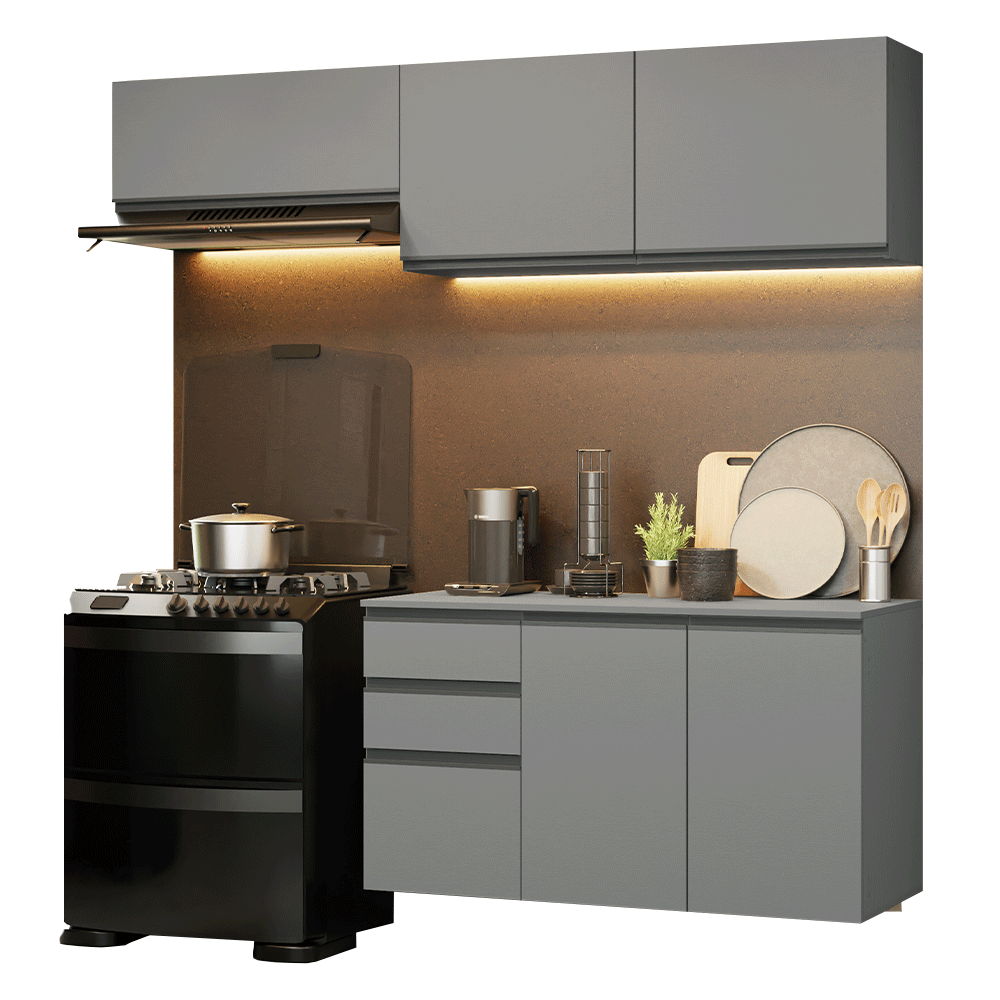 Combo completo de Cocina Flotante Nice 200 cm 5 Puertas (Con Mesada) Gris 05 Madesa