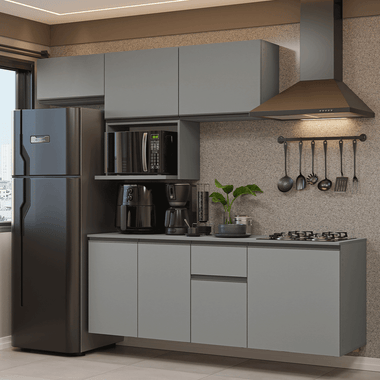 Combo Completo de Cocina 240 cm 7 Puertas 1 Cajón Flotante Gris Nice Madesa