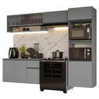 Combo Completo de Cocina 260 cm 8 Puertas 1 Cajón Flotante con Mueble para Horno y Microondas Gris Nice Madesa