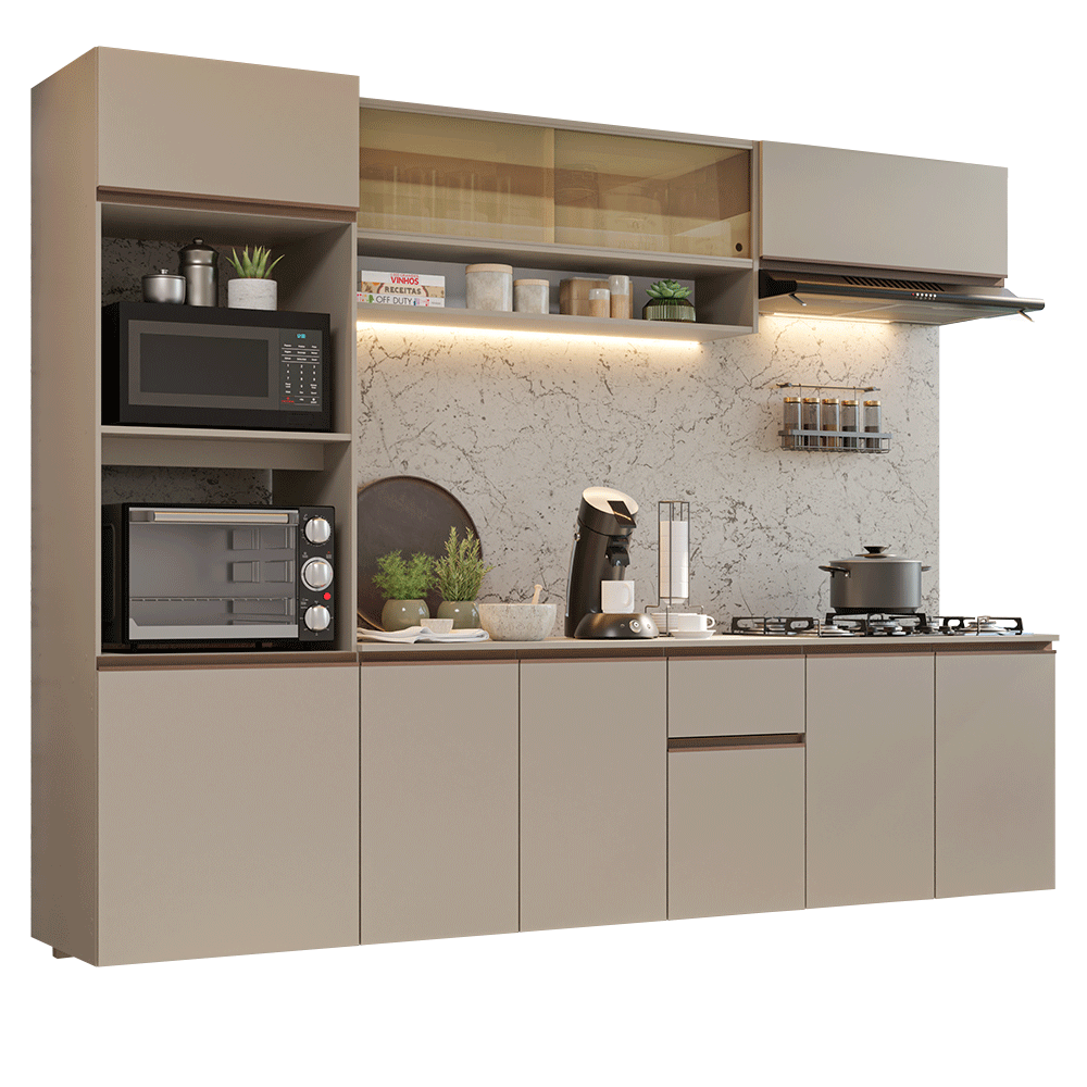 Combo Completo de Cocina 260 cm 10 Puertas 1 Cajón Flotante con Mueble para Horno y Microondas Crema Nice Madesa