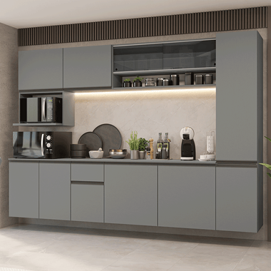 Combo Completo de Cocina 280 cm 11 Puertas 1 Cajón Flotante Gris Nice Madesa