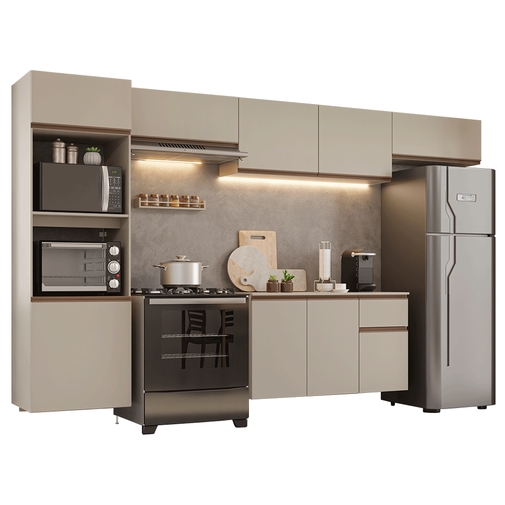 Combo Completo de Cocina 340 cm 9 Puertas 1 Cajón Flotante con Mueble para Horno y Microondas Crema Nice Madesa