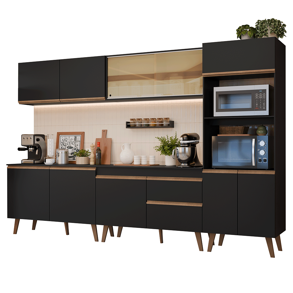 Mueble de Cocina Completa Pieta 310 cm 11 Puertas 1 Cajón (Con Mesada) Negro 01 Madesa