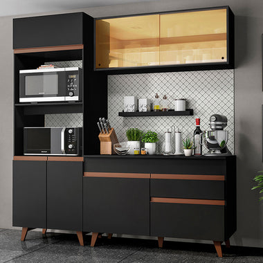 Cocina Compacta 190 cm 7 Puertas 1 Cajón con Mueble para Horno y Microondas Negro Reims Madesa