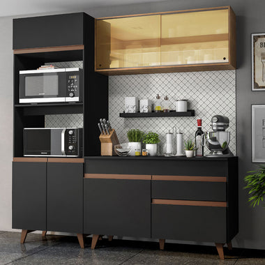 Cocina Compacta 190 cm 7 Puertas 1 Cajón con Mueble para Horno y Microondas Negro/Marrón Reims Madesa