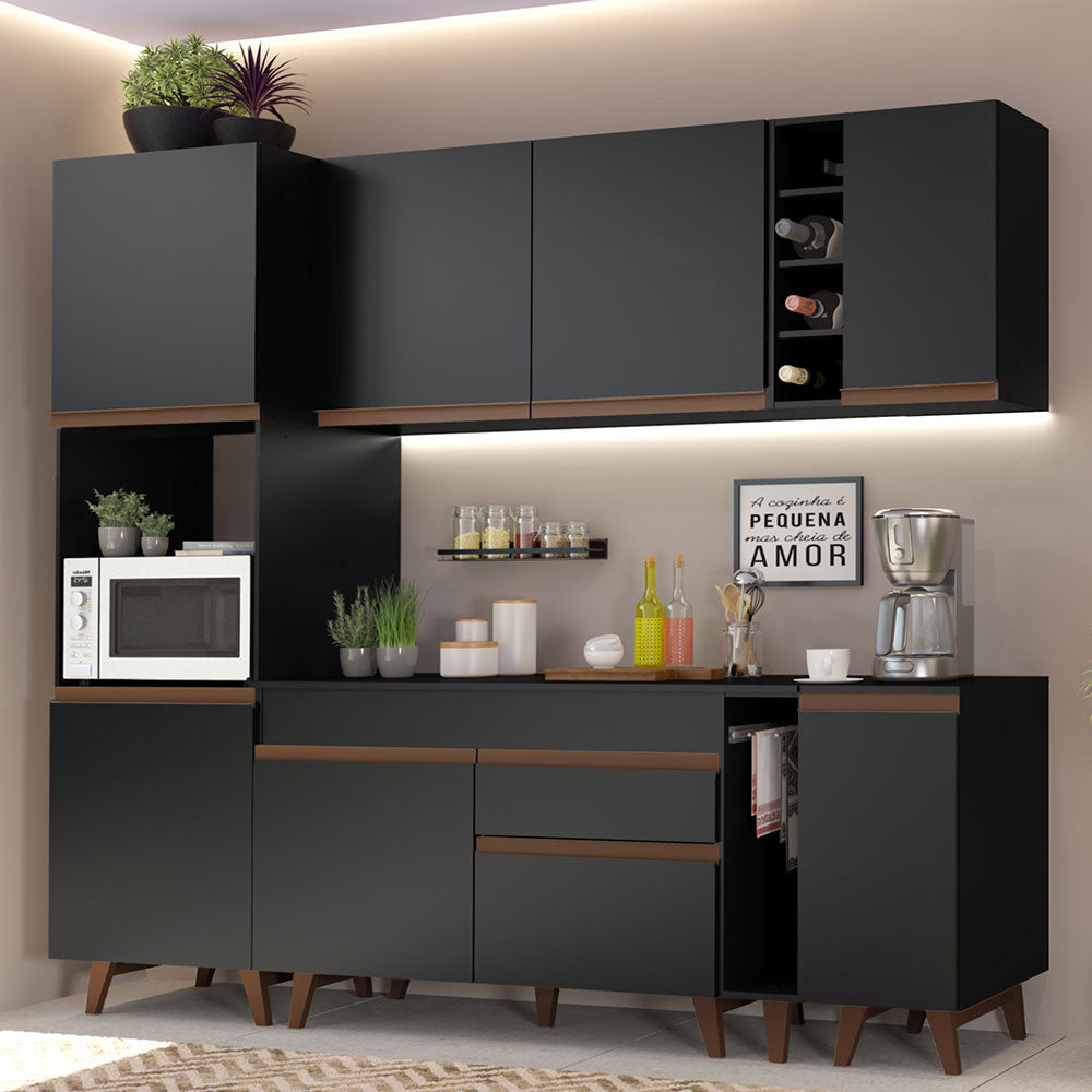 Combo Completo de Cocina 235 cm 8 Puertas 1 Cajón con Mueble para Horno o Microondas Negro Reims Madesa