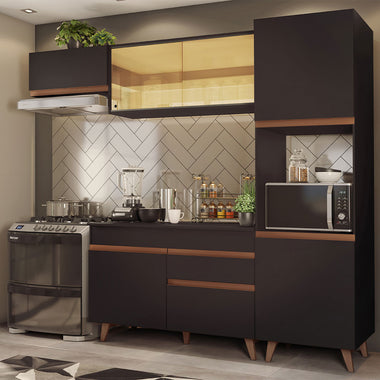 Combo Completo de Cocina 250 cm 7 Puertas 1 Cajón con Mueble para Horno o Microondas Negro Reims Madesa