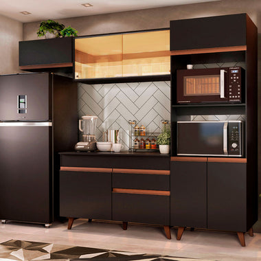Combo Completo de Cocina 260 cm 8 Puertas 1 Cajón con Mueble para Horno y Microondas Negro Reims Madesa