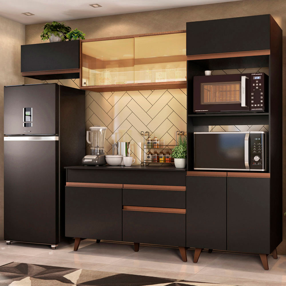 Combo Completo de Cocina 260 cm 8 Puertas 1 Cajón con Mueble para Horno y Microondas Negro/Marrón Reims Madesa