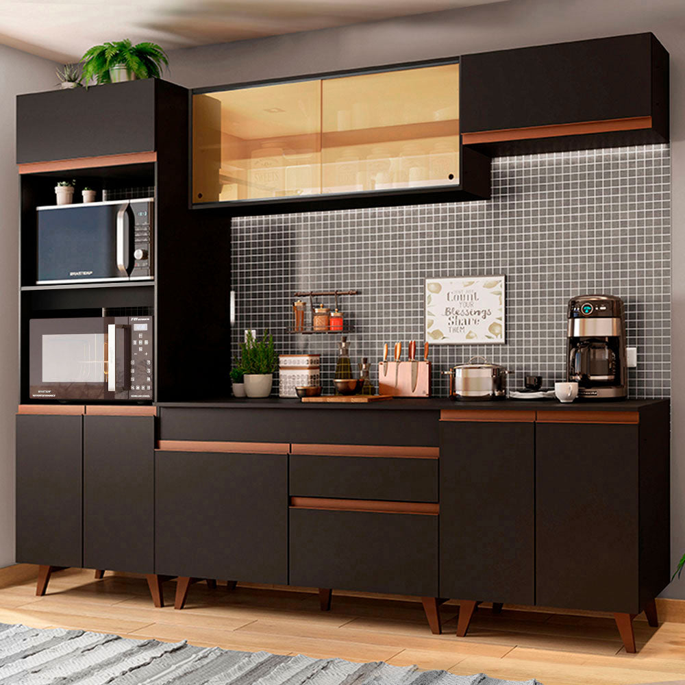 Combo Completo de Cocina 260 cm 10 Puertas 1 Cajón con Mueble para Horno y Microondas Negro Reims Madesa