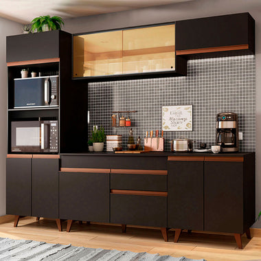 Combo Completo de Cocina 260 cm 10 Puertas 1 Cajón con Mueble para Horno y Microondas Negro Reims Madesa