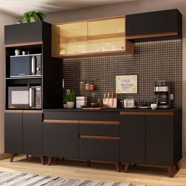 Combo Completo de Cocina 260 cm 10 Puertas 1 Cajón con Mueble para Horno y Microondas Negro/Marrón Reims Madesa