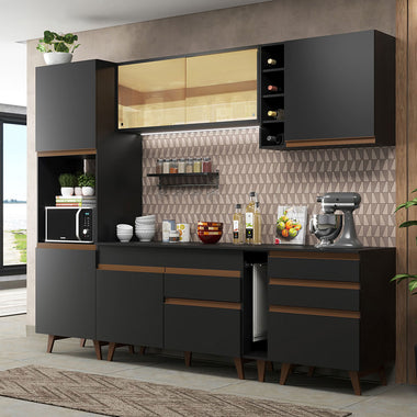 Combo Completo de Cocina 260 cm 7 Puertas 4 Cajones con Mueble para Horno o Microondas Negro Reims Madesa