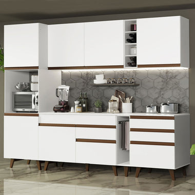 Combo Completo de Cocina 260 cm 7 Puertas 4 Cajones con Mueble para Horno o Microondas Blanco Reims Madesa