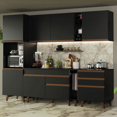 Combo Completo de Cocina 260 cm 7 Puertas 4 Cajones con Mueble para Horno o Microondas Negro Reims Madesa