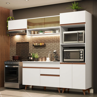 Combo Completo de Cocina 260 cm 8 Puertas 1 Cajón con Mueble para Horno y Microondas Blanco Reims Madesa