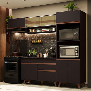 Combo Completo de Cocina 260 cm 8 Puertas 1 Cajón con Mueble para Horno y Microondas Negro Reims Madesa