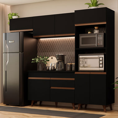 Combo Completo de Cocina 260 cm 8 Puertas 1 Cajón con Mueble para Horno y Microondas Negro Reims Madesa