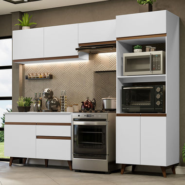 Combo Completo de Cocina 260 cm 8 Puertas 1 Cajón con Mueble para Horno y Microondas Blanco Reims Madesa
