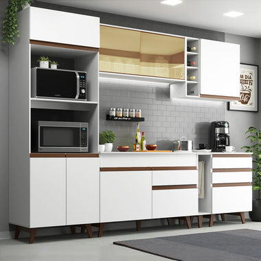 Combo Completo de Cocina 270 cm 8 Puertas 4 Cajones con Mueble para Horno y Microondas Blanco Reims Madesa