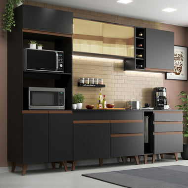 Combo Completo de Cocina 270 cm 8 Puertas 4 Cajones con Mueble para Horno y Microondas Negro Reims Madesa