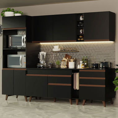 Combo Completo de Cocina 270 cm 8 Puertas 4 Cajones con Mueble para Horno y Microondas Negro Reims Madesa