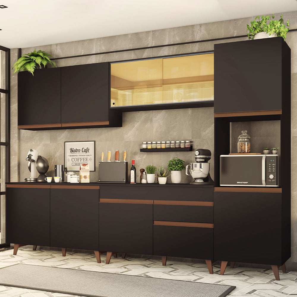 Combo Completo de Cocina 300 cm 10 Puertas 1 Cajón con Mueble para Horno o Microondas Negro Reims Madesa 01