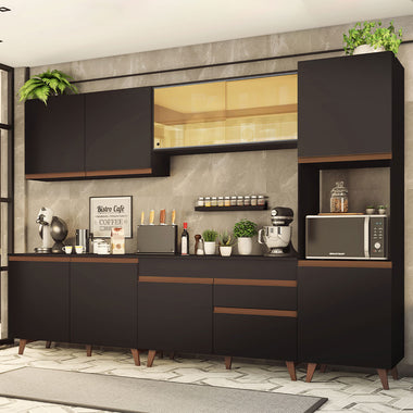 Combo Completo de Cocina 300 cm 10 Puertas 1 Cajón con Mueble para Horno o Microondas Negro Reims Madesa