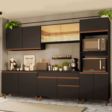Combo Completo de Cocina 310 cm 11 Puertas 1 Cajón con Mueble para Horno y Microondas Negro Reims Madesa