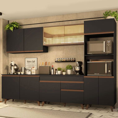 Combo Completo de Cocina 310 cm 11 Puertas 1 Cajón con Mueble para Horno y Microondas Negro/Marrón Reims Madesa