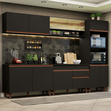 Combo Completo de Cocina 310 cm 11 Puertas 1 Cajón con Mueble para Horno y Microondas Negro Reims Madesa