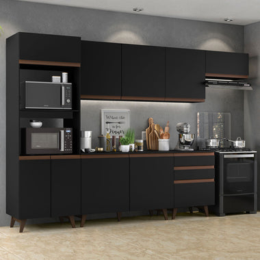 Combo Completo de Cocina 320 cm 9 Puertas 3 Cajones con Mueble para Horno y Microondas Negro Reims Madesa