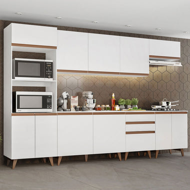 Combo Completo de Cocina 320 cm 11 Puertas 3 Cajones con Mueble para Horno y Microondas Blanco Reims Madesa