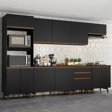 Combo Completo de Cocina 320 cm 11 Puertas 3 Cajones con Mueble para Horno y Microondas Negro Reims Madesa